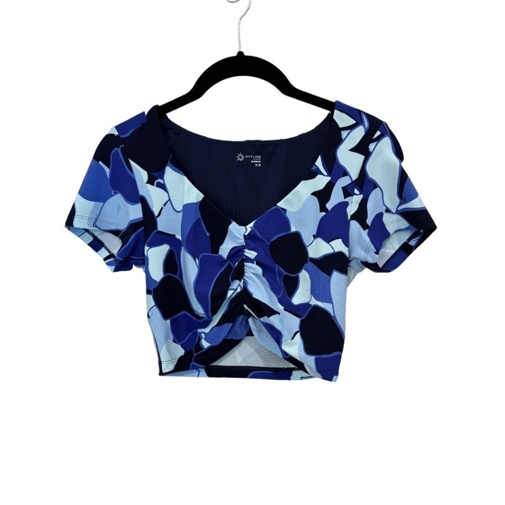 Offline By Aerie Blue Camo Ruche Front Cropped Short Sleeve Top Size Medium NWT